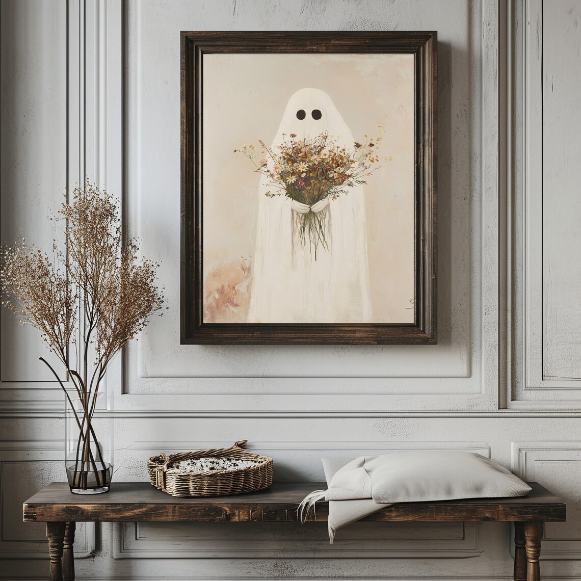 Sheeted Ghost Holding a Wildflower Bouquet Minimal Beige Art Print - Image 3