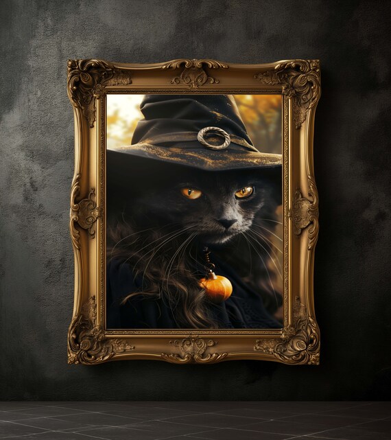 Black Cat In Witch Hat With Pumpkin Pendant Halloween Art Poster
