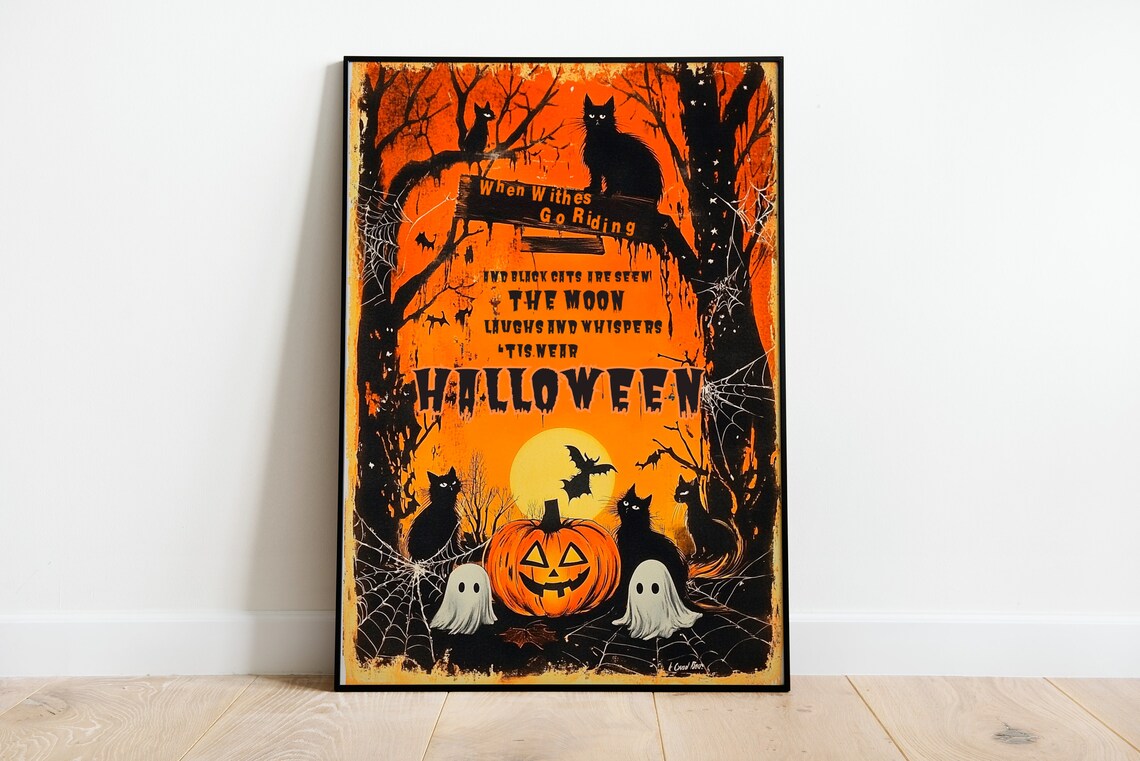 Vintage Halloween When Witches Go Riding Quote Black Cats Poster - Image 3