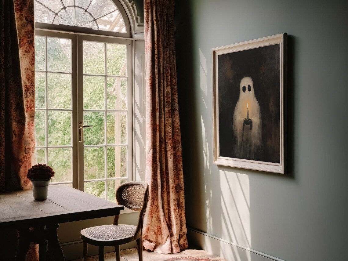 Spooky White Ghost Holding Candle Dark Moody Halloween Art Poster - Image 3