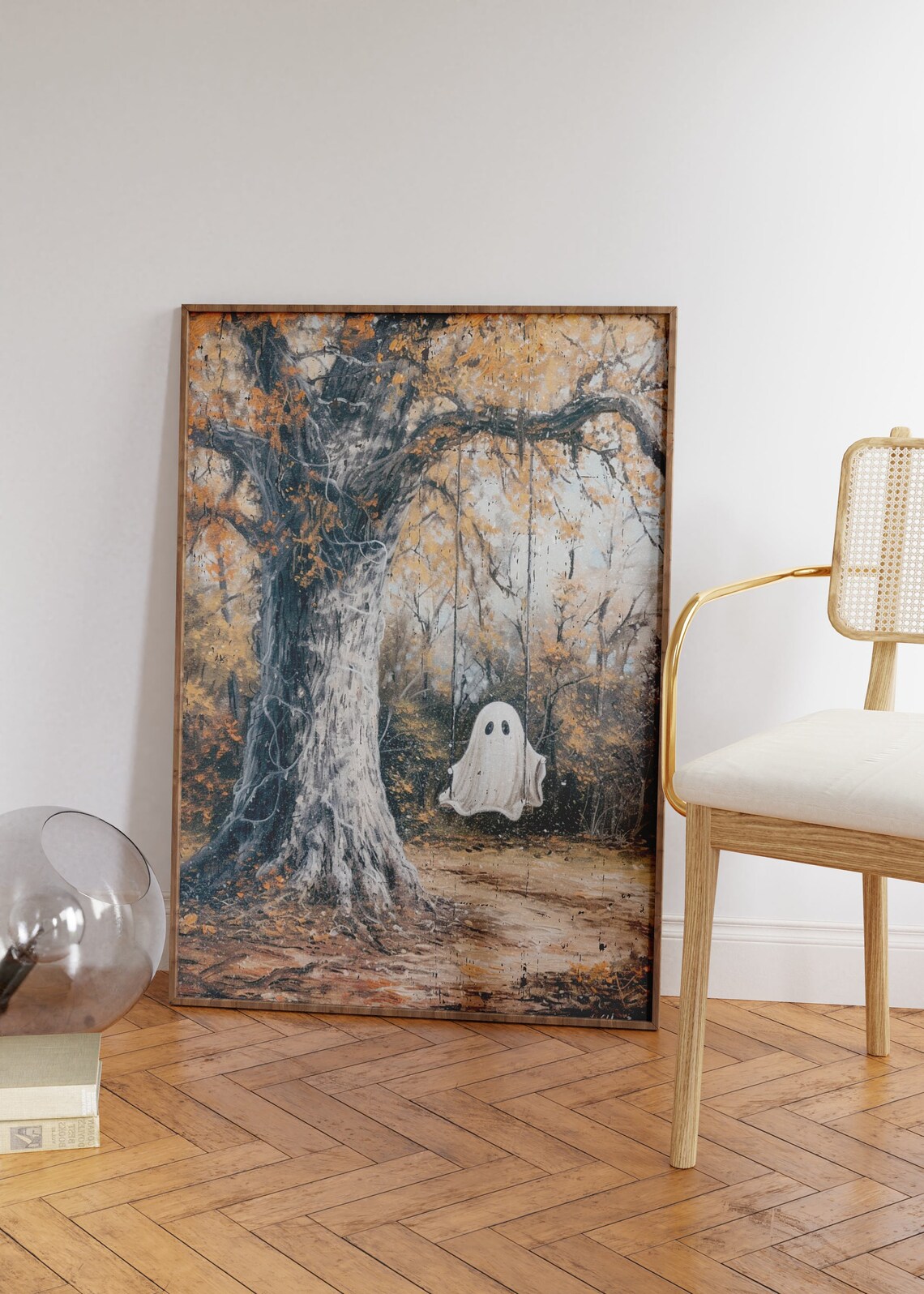 Cute Ghost On Swing Under Autumn Tree Fall Halloween Art Poster - Image 2