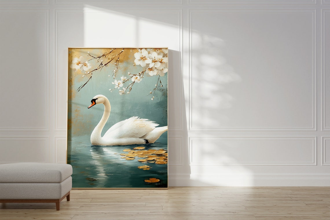Japandi Style Swan Painting Japanese Swan Print Muted Beige And Gold Tones Antique Japan Bird Painting Modern Japanese Wall Art - Image 3