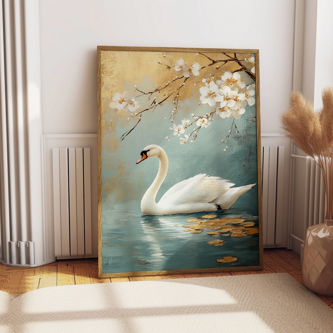 Japandi Style Swan Painting Japanese Swan Print Muted Beige And Gold Tones Antique Japan Bird Painting Modern Japanese Wall Art - Image 2