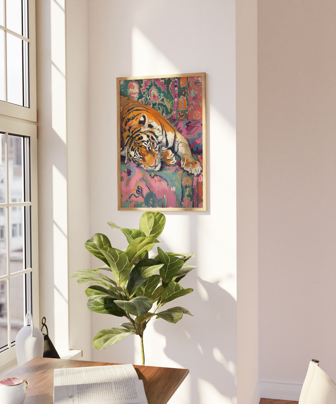 Vivid Painterly Colorful Resting Tiger in Floral Tapestry Art Print - Image 2