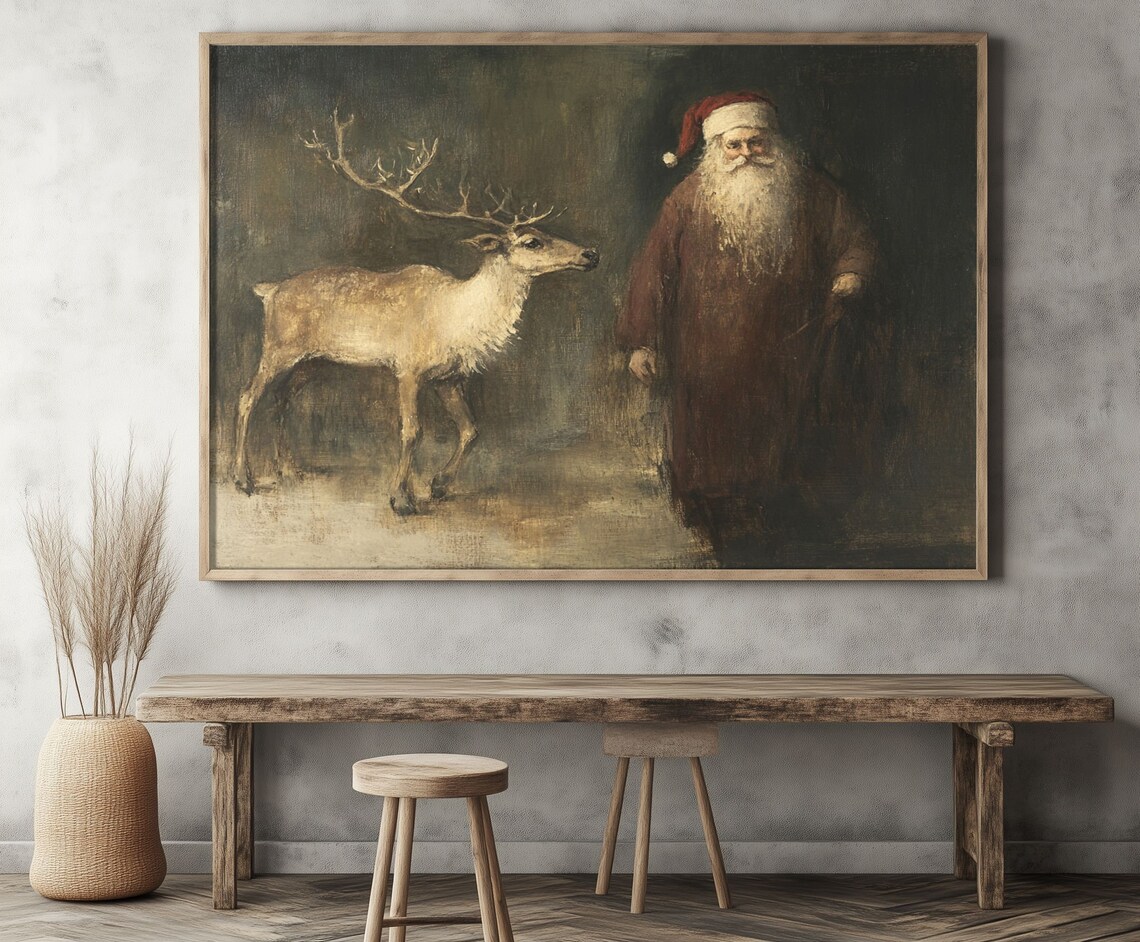 Vintage Santa Claus And Reindeer Art Print, Christmas - Image 2