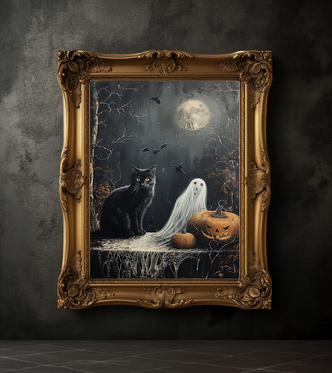 Black Cat Ghost And Pumpkins Under Moon Dark Academia Poster - Image 4