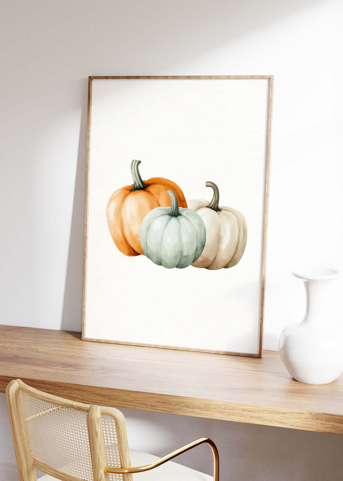 Three Watercolor Pumpkins In Orange Sage And Cream Fall Wall Art - Image 3