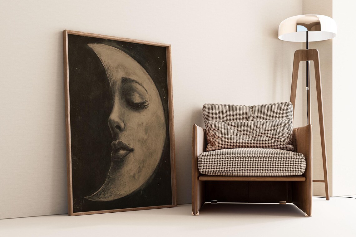 Sleeping Crescent Moon Face Vintage Celestial Night Wall Art - Image 3