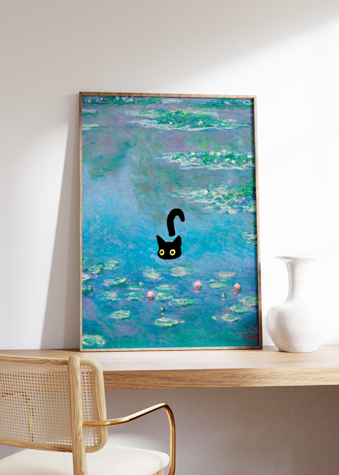 Funny Black Cat Swimming in Water Lily Pond Fine Art Parody Poster - Image 3