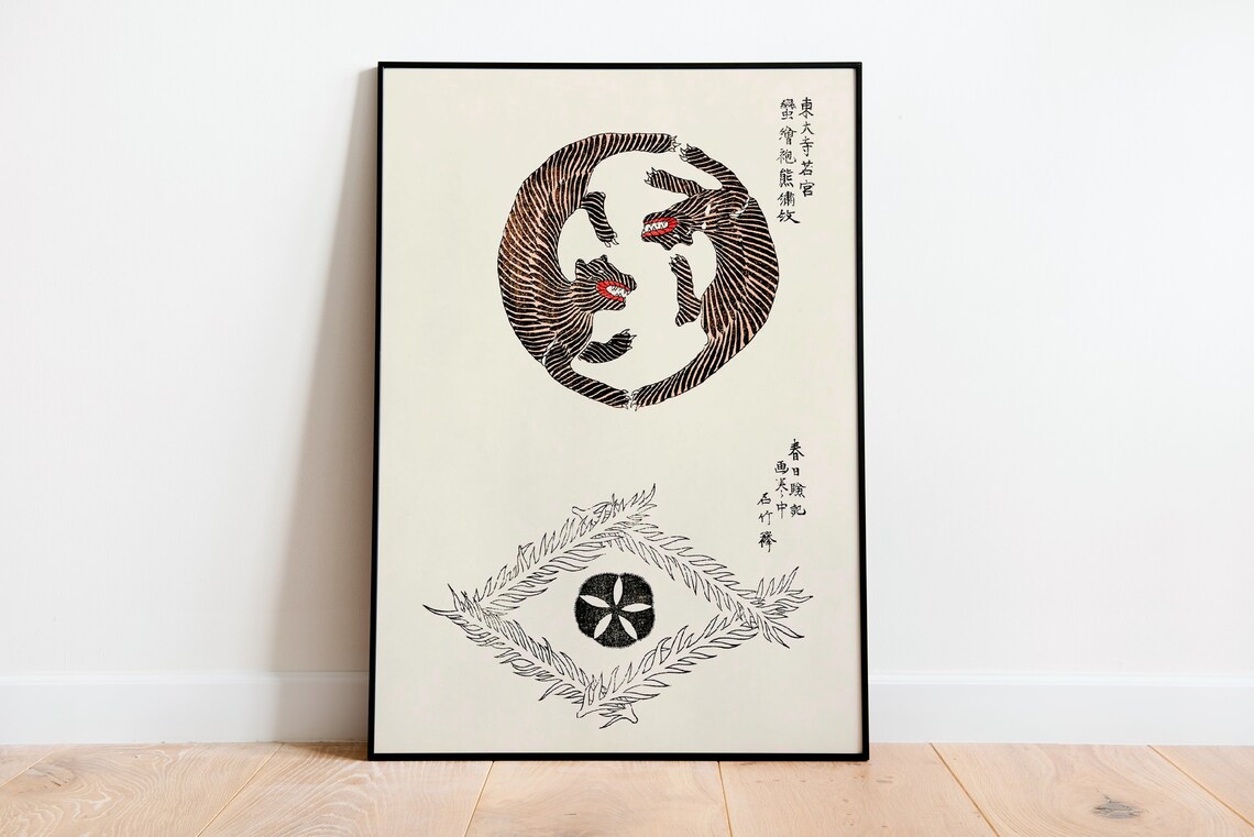 Two Fierce Striped Tigers in a Circle Vintage Japanese Art Poster - Image 3