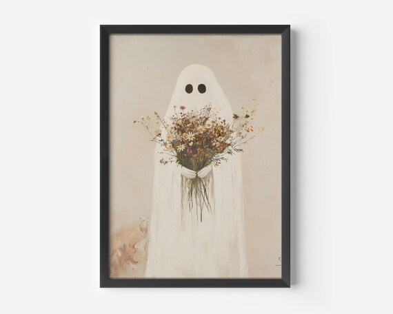 Sheeted Ghost Holding a Wildflower Bouquet Minimal Beige Art Print