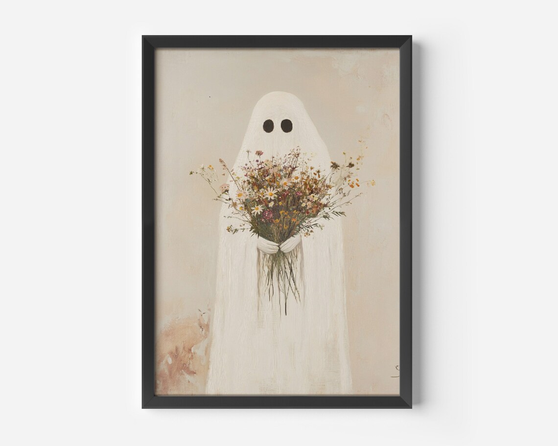 Sheeted Ghost Holding a Wildflower Bouquet Minimal Beige Art Print