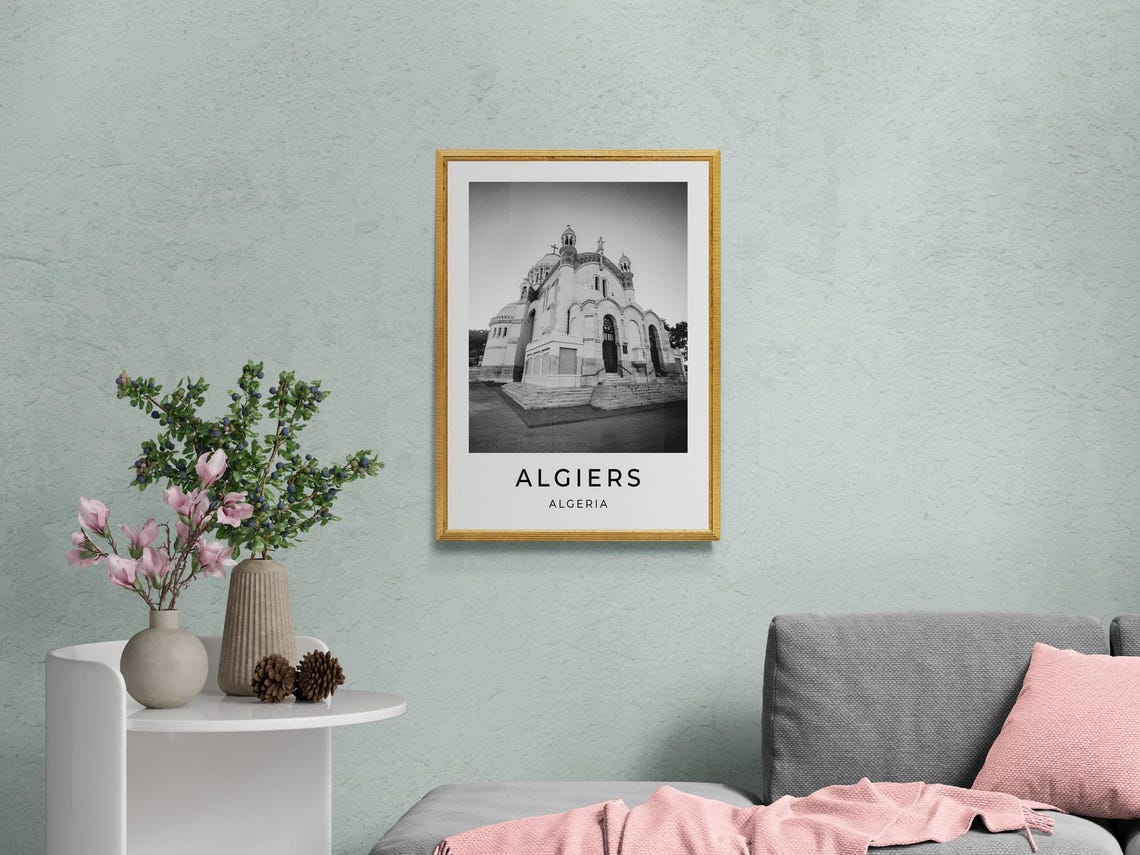 Algiers Algeria Basilica Notre Dame Dome Black White Travel Poster - Image 2