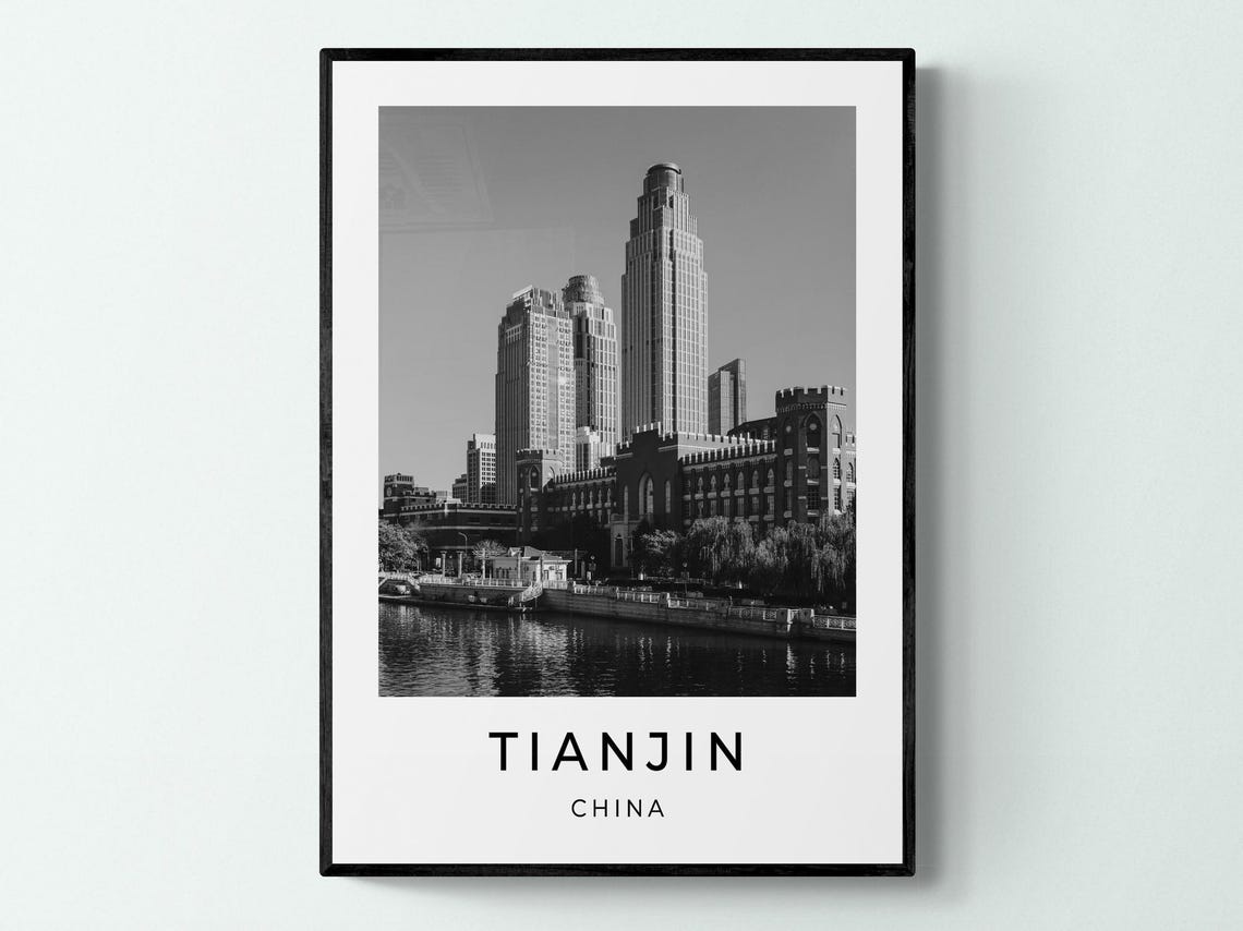 Tianjin China Haihe Riverfront Skyscrapers Black White City Poster