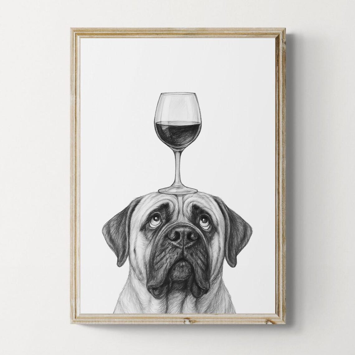 English Mastiff Dog Balancing Wine Glass Gentle Giant Sketch Poster
