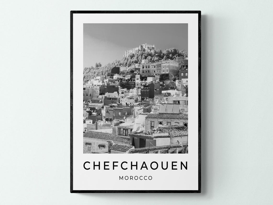 Chefchaouen Morocco Hillside Medina Rooftops Black White Travel Poster