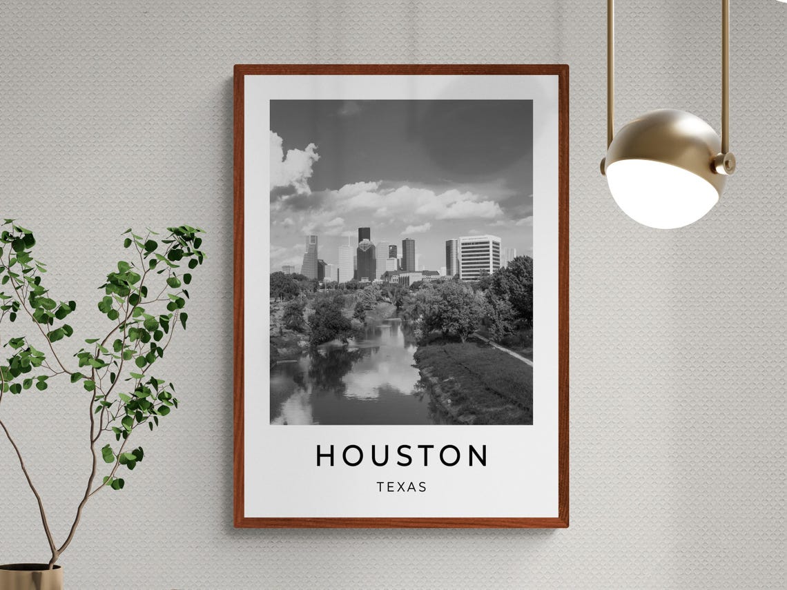 Houston Texas Downtown Skyline River Reflection Black White Poster - Image 3