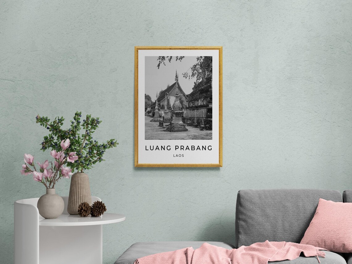 Luang Prabang Laos Buddhist Temple Stupas Monochrome Travel Poster - Image 2
