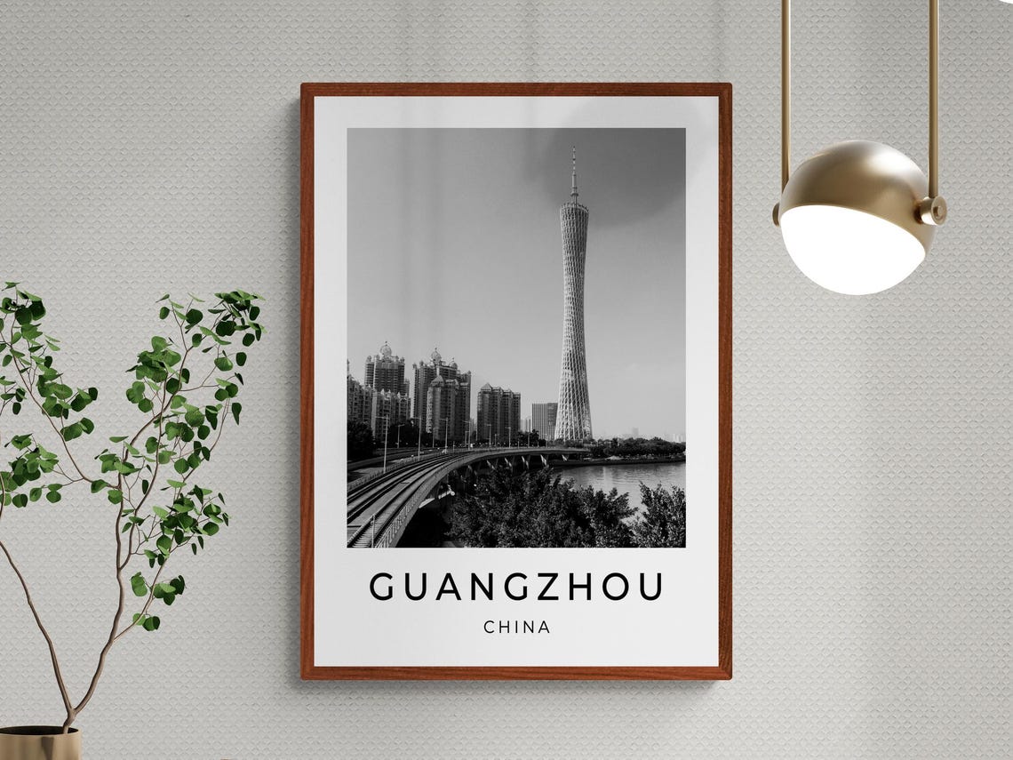 Guangzhou China Canton Tower Skyline Bridge Black White Print - Image 3
