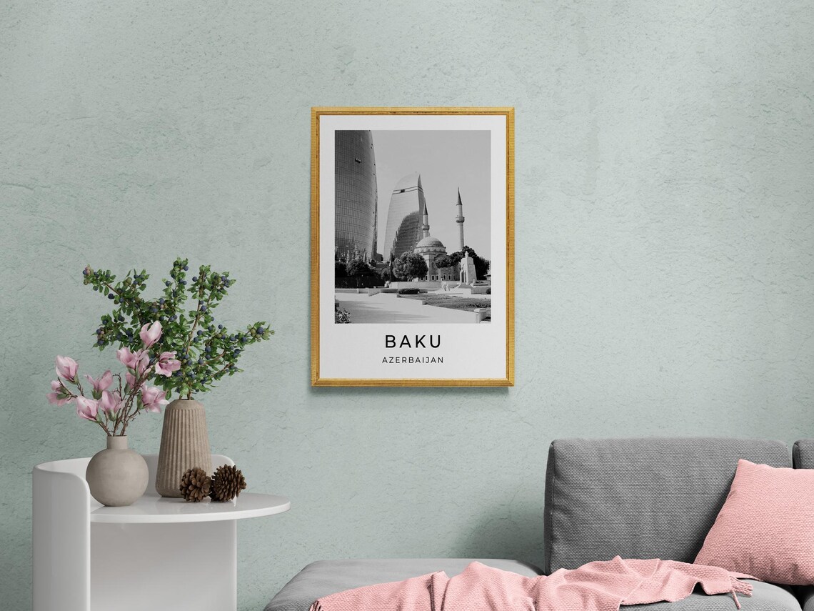 Baku Azerbaijan Flame Towers Mosque Black And White Travel Poster - Image 2