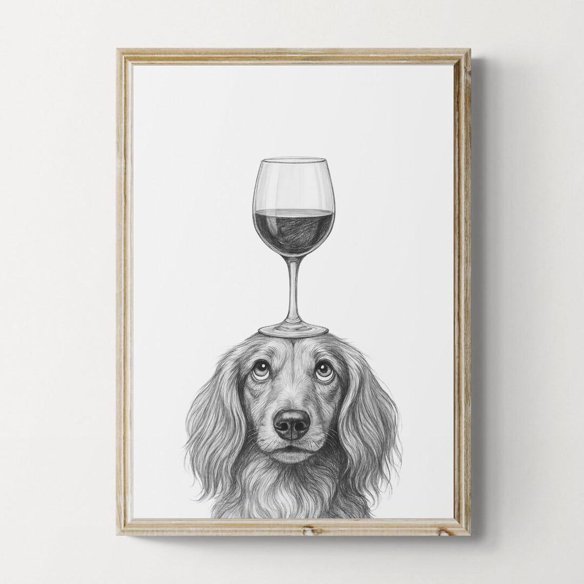 Long Haired Dachshund Balancing Red Wine Glass Pencil Sketch Poster