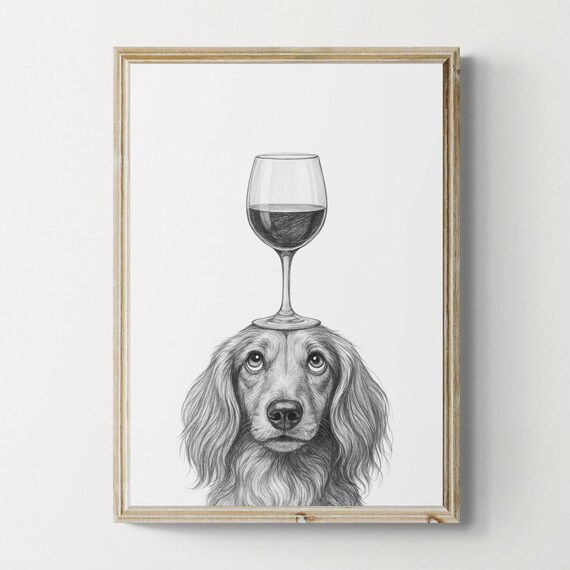 Long Haired Dachshund Dog Art Print Funny And Wine Drawing Lover Wall Decor Lovers Gifts