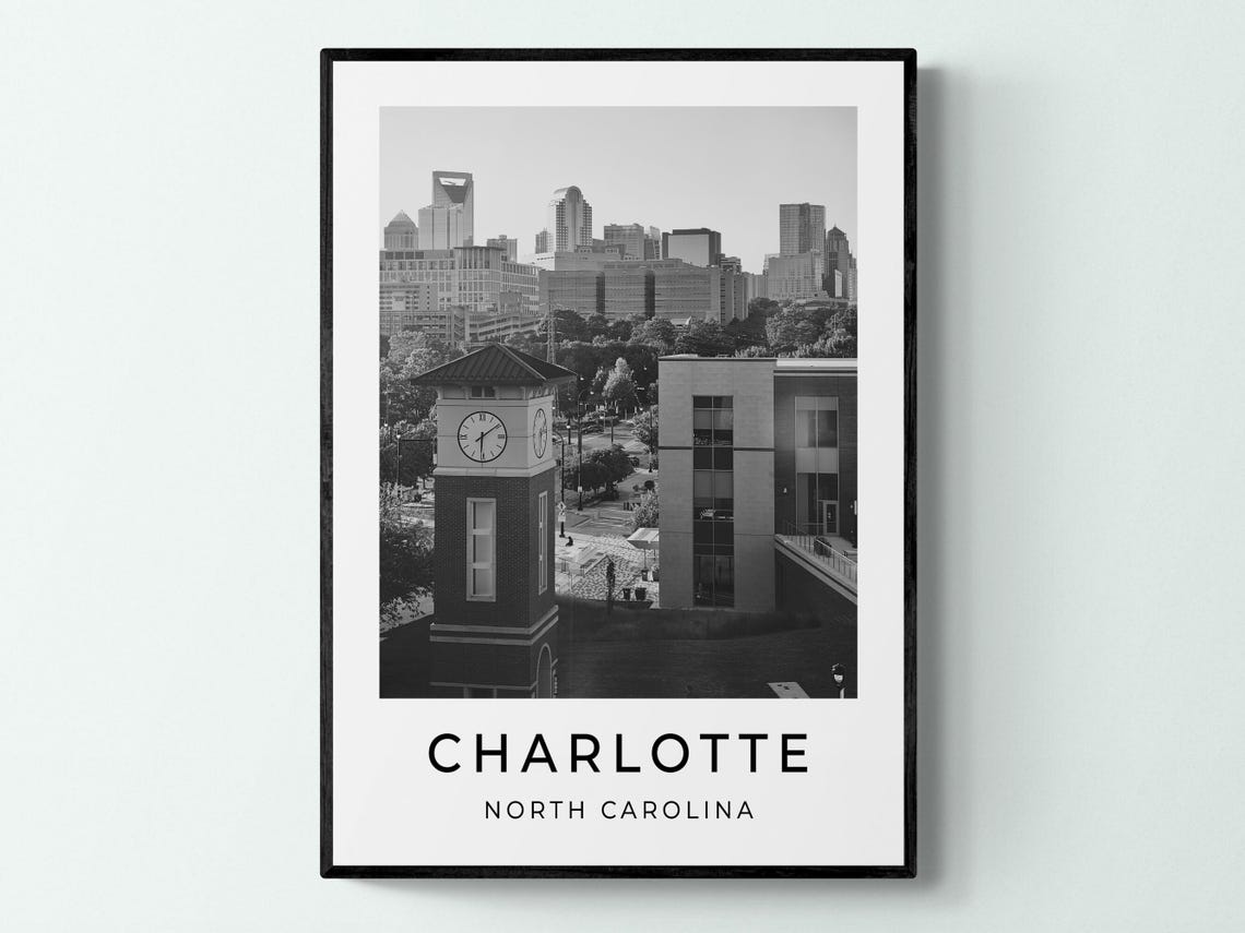 Charlotte North Carolina Clock Tower Skyline Black And White Poster