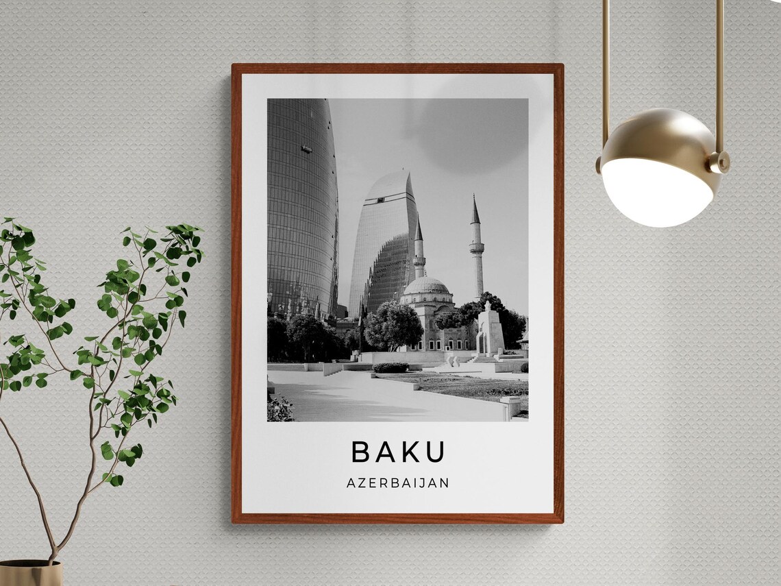 Baku Azerbaijan Flame Towers Mosque Black And White Travel Poster - Image 3