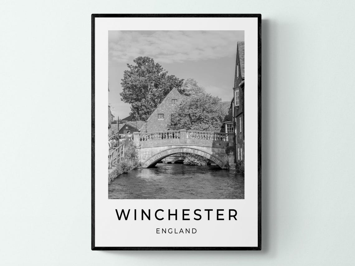 Winchester England Historic Stone Bridge River View Monochrome Poster