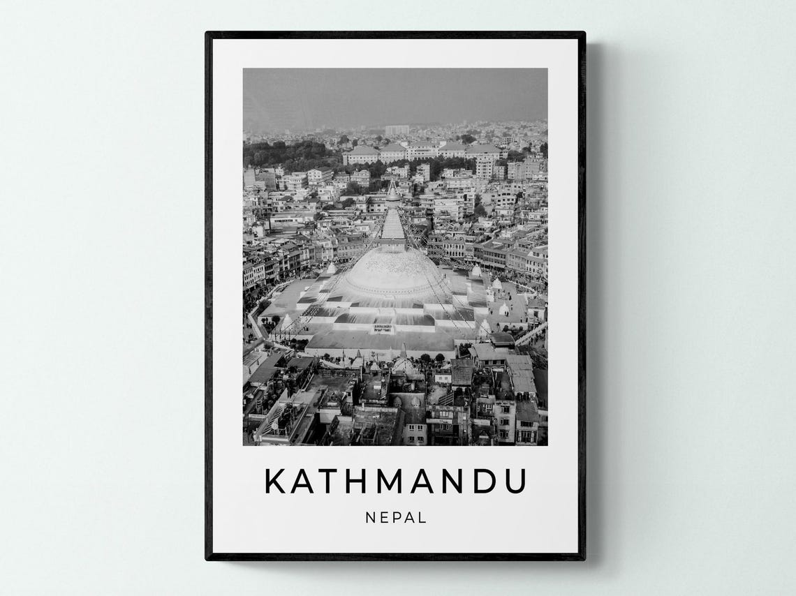 Kathmandu Nepal Boudhanath Stupa Aerial Monochrome Travel Poster