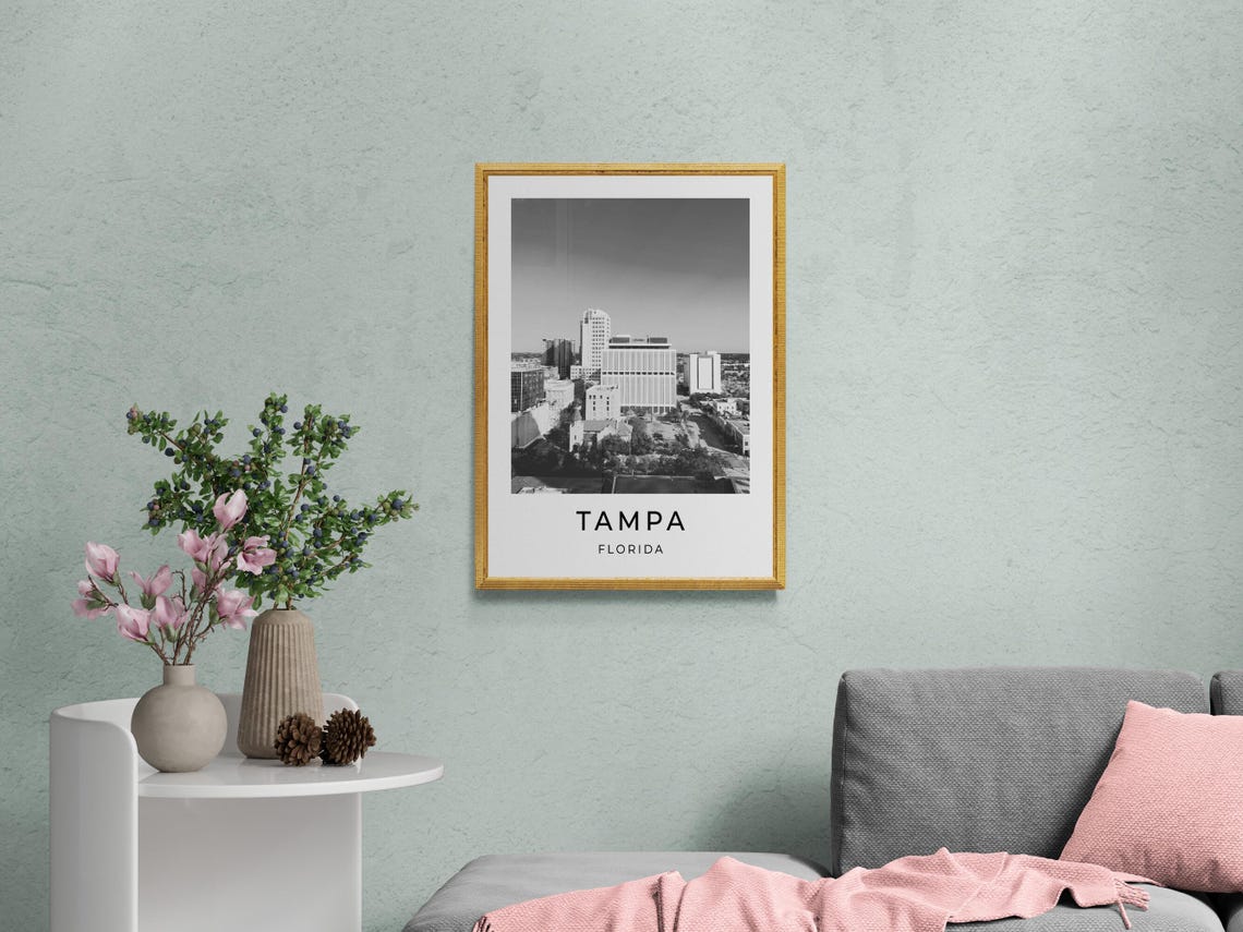 Tampa Florida Downtown Skyline Black And White Monochrome Poster - Image 2