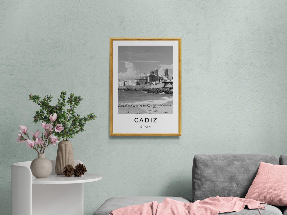 Cadiz Spain Cathedral Beachfront Seaside Monochrome Travel Poster - Image 2