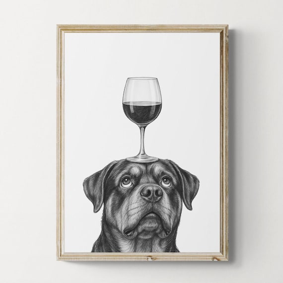 Rottweiler Dog Art Print Funny And Wine Drawing Lover Wall Decor Lovers Gifts