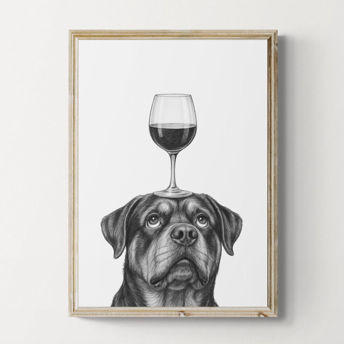 Loyal Rottweiler Balancing Red Wine Glass Pencil Sketch Poster