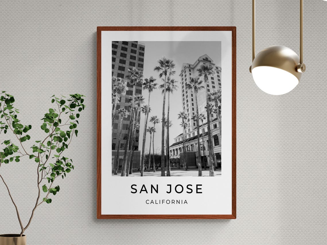 San Jose California Palm Trees Downtown Black And White Poster - Image 3