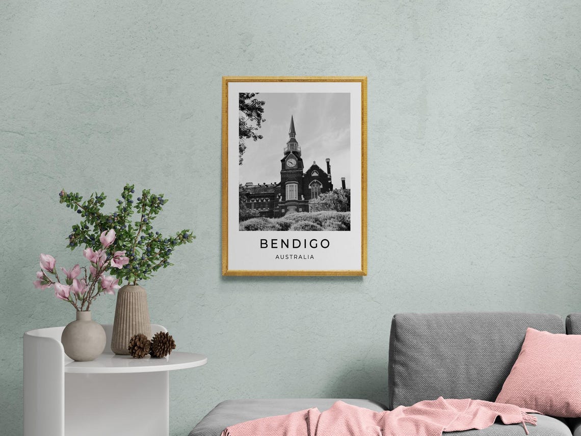 Bendigo Australia Historic Church Clock Tower Black and White Poster - Image 2