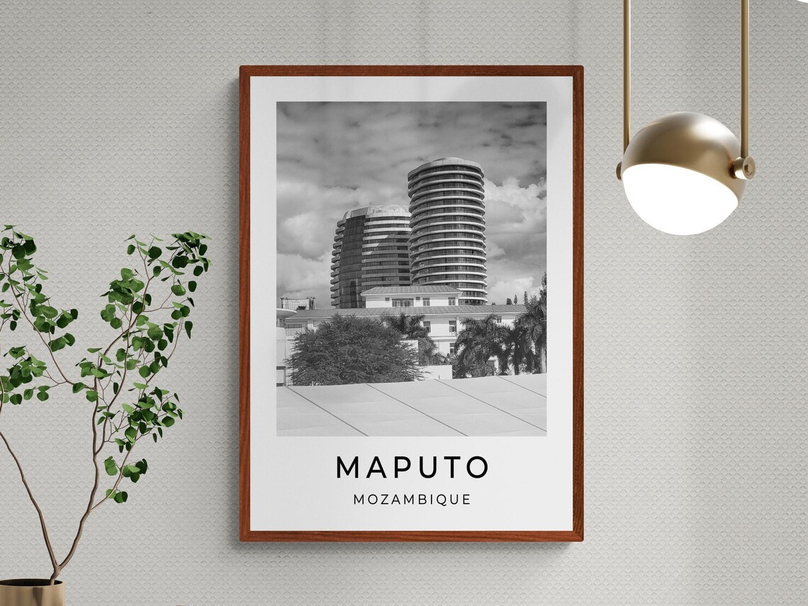Maputo Mozambique Curved Twin Towers Black White Travel Poster - Image 3