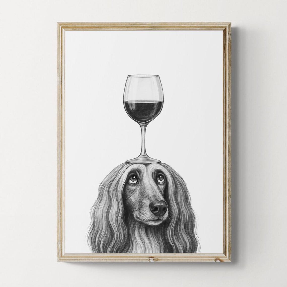 Elegant Afghan Hound Balancing Red Wine Glass Pencil Sketch Poster