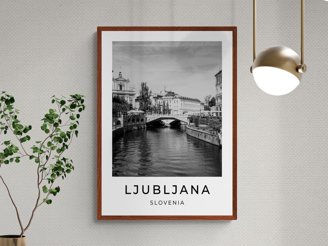 Ljubljana Slovenia River Bridge Historic Center Black White Poster - Image 3