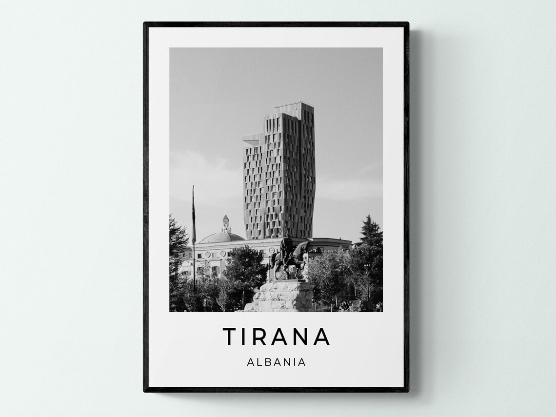 Tirana Albania Black and White Modern Tower Statue City Travel Poster