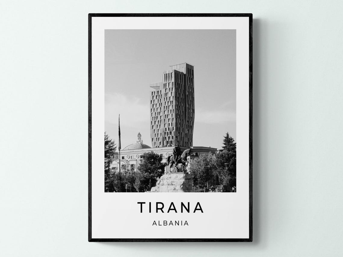 Tirana Albania Skanderbeg Square Equestrian Statue Monochrome Poster