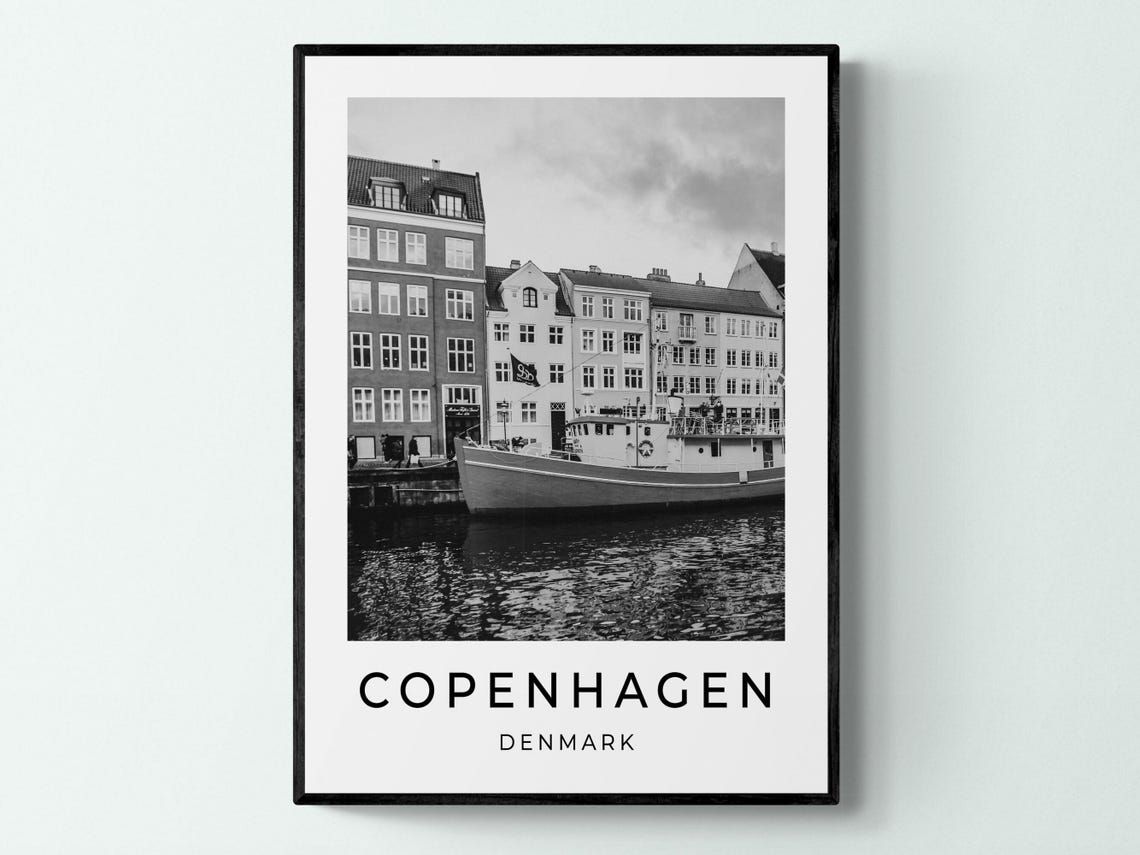 Copenhagen Denmark Nyhavn Waterfront Black And White Travel Poster