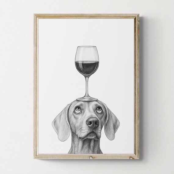 Weimaraner Dog Art Print Funny And Wine Drawing Lover Wall Decor Lovers Gifts