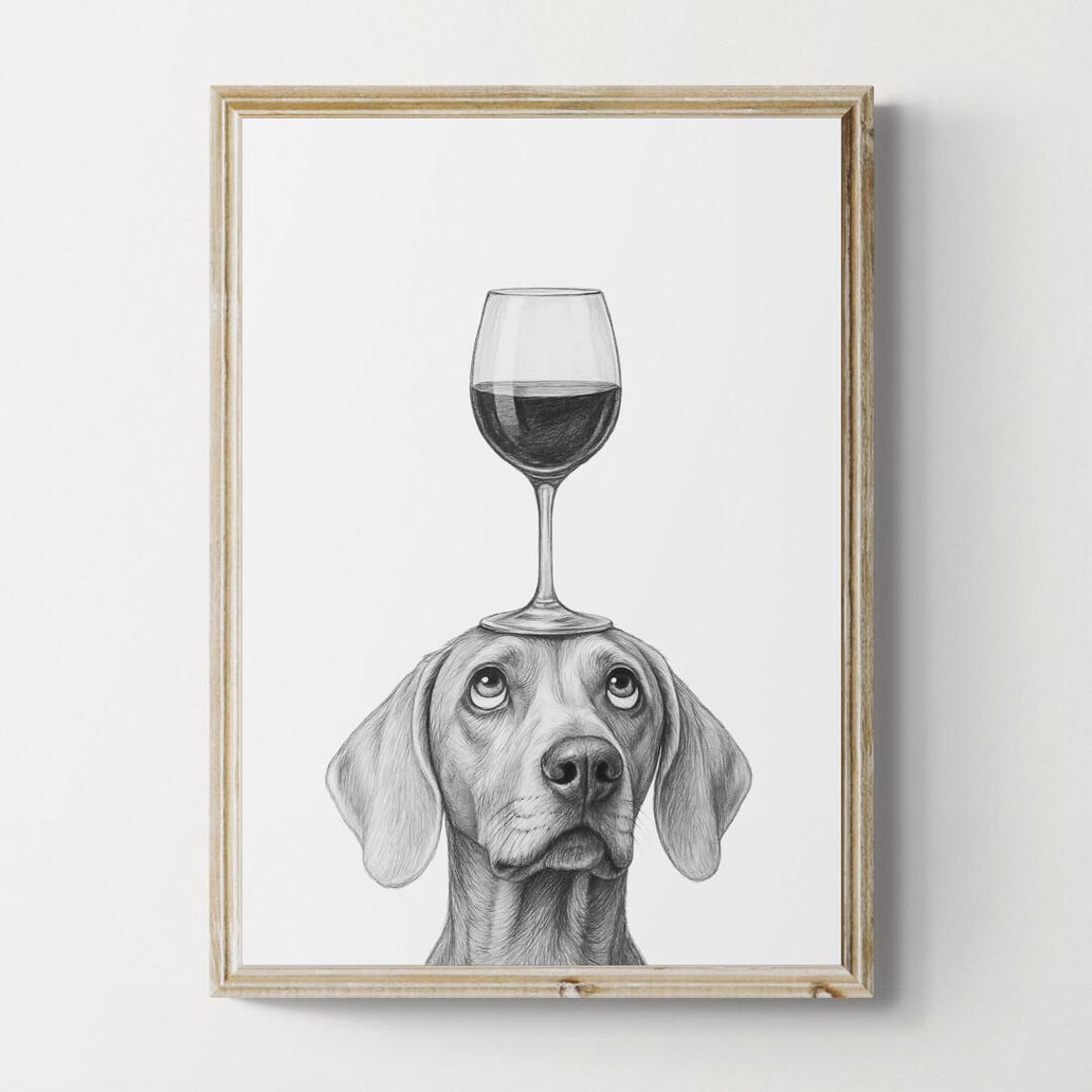 Silver Weimaraner Balancing Red Wine Glass Pencil Sketch Poster