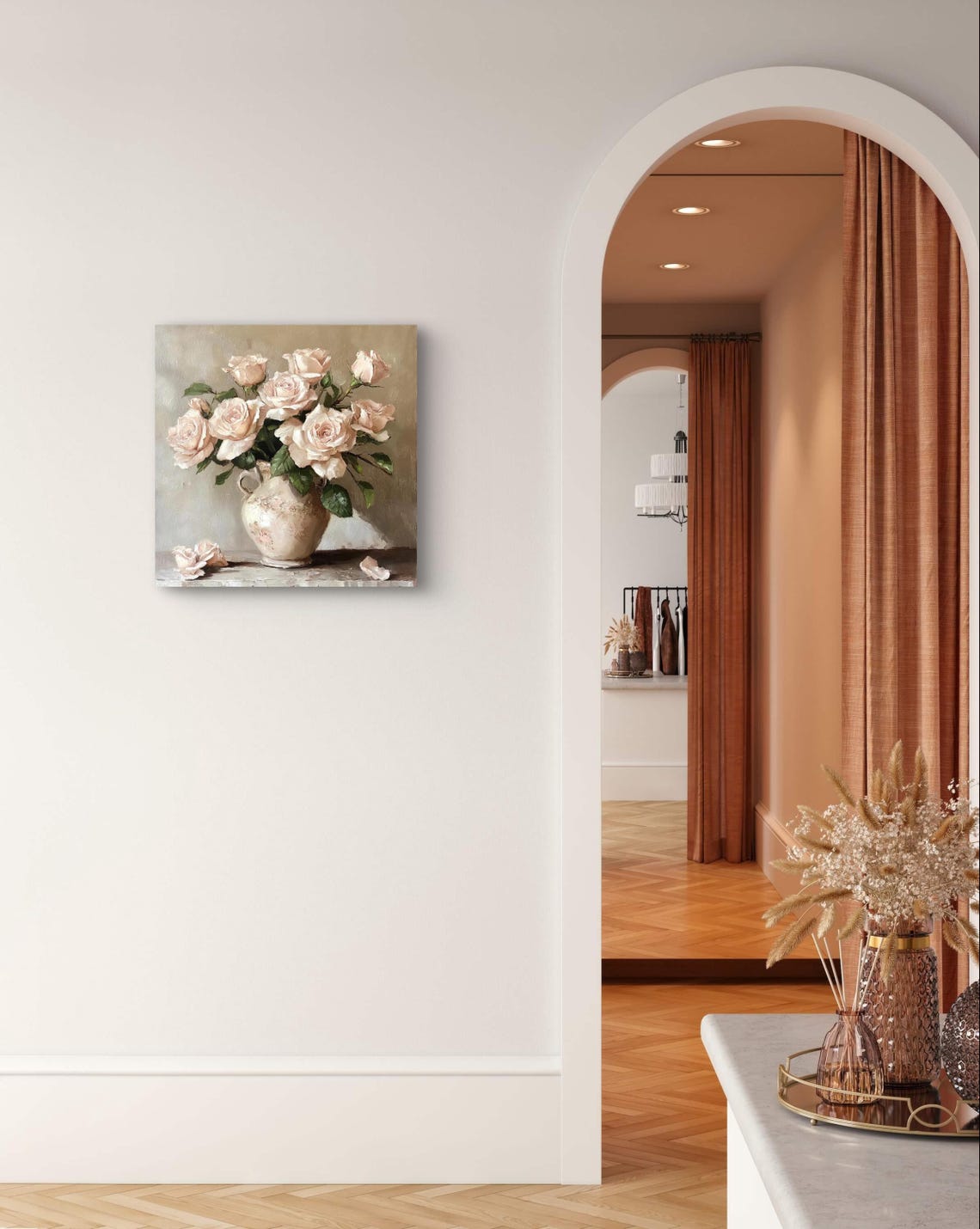 Blush Cream Roses Antique Ceramic Vase Soft Pastel Art Poster - Image 2