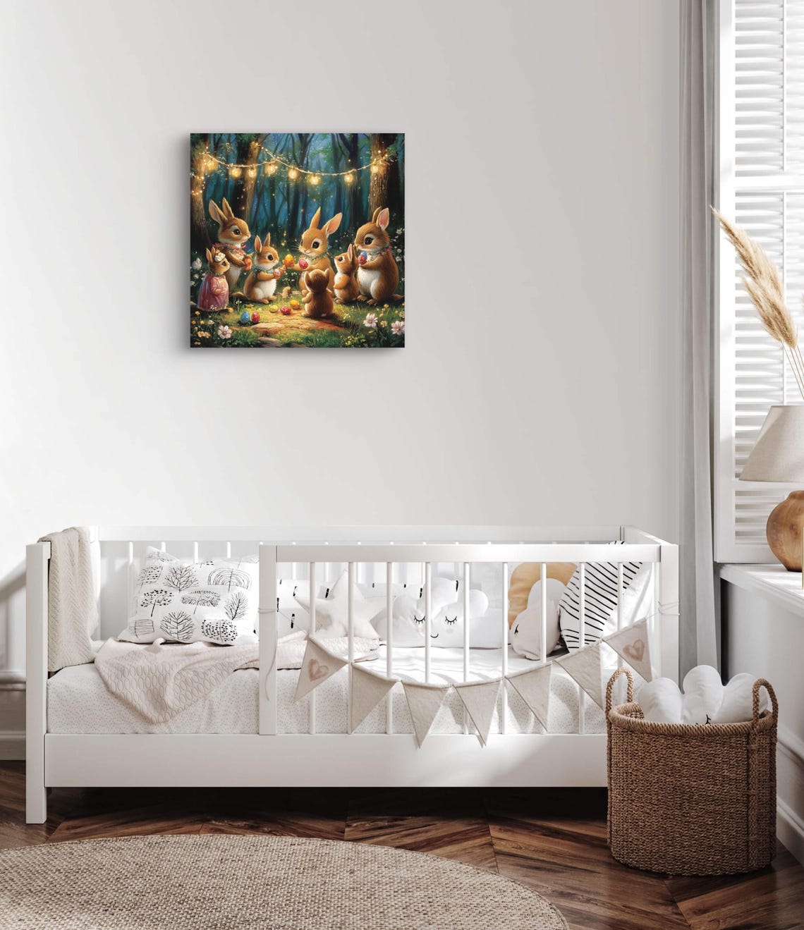 Bunny Family Easter Egg Hunt Enchanted Forest String Lights Art Poster - Image 2