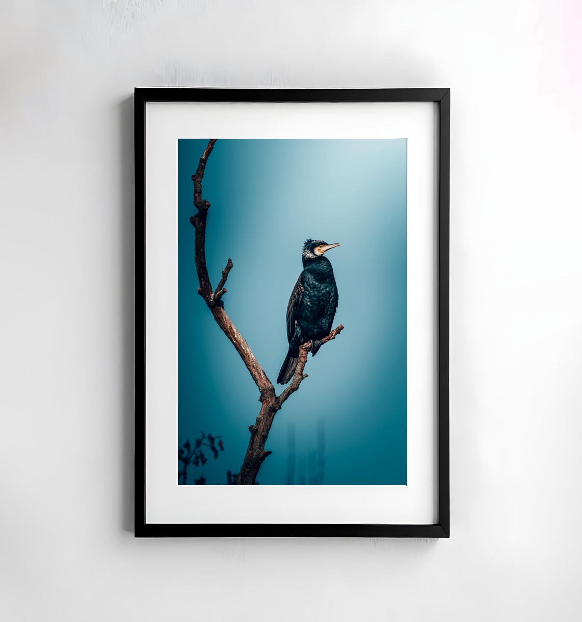 Cormorant Perched On Bare Branch Teal Blue Minimalist Bird Poster