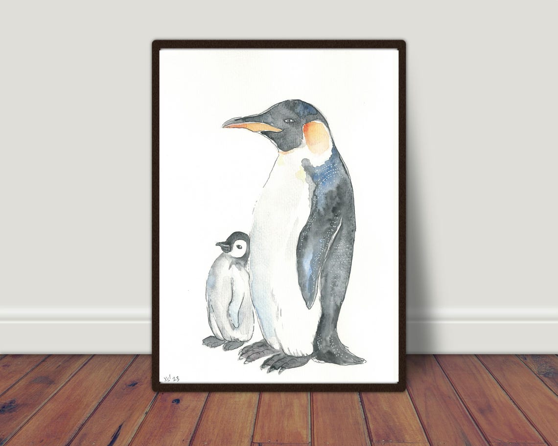 Emperor Penguin and Baby Chick Watercolor Arctic Art Print for Nursery - Image 3
