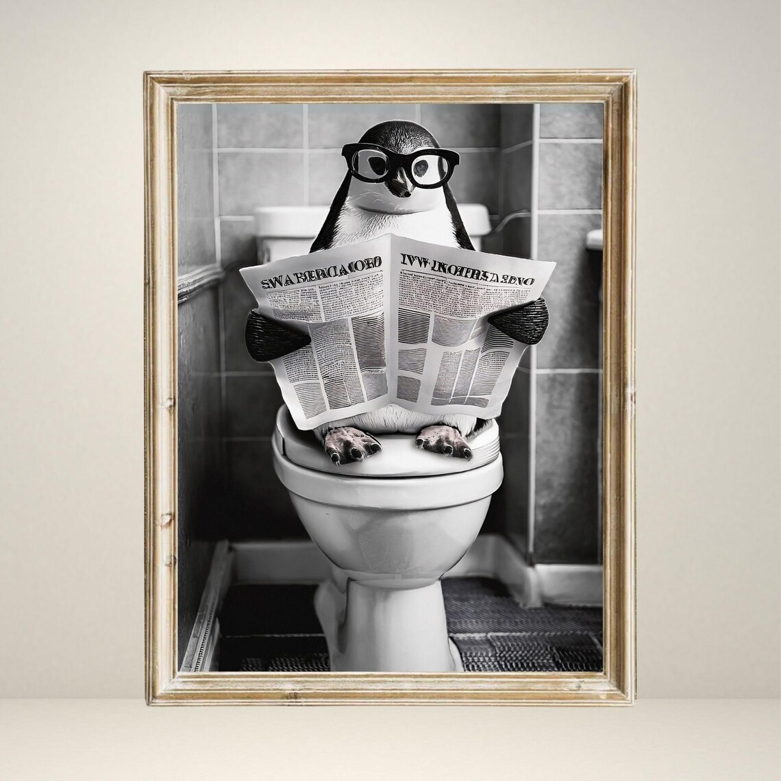 Penguin Sitting On Toilet, Vintage Bathroom Art Print - Image 3