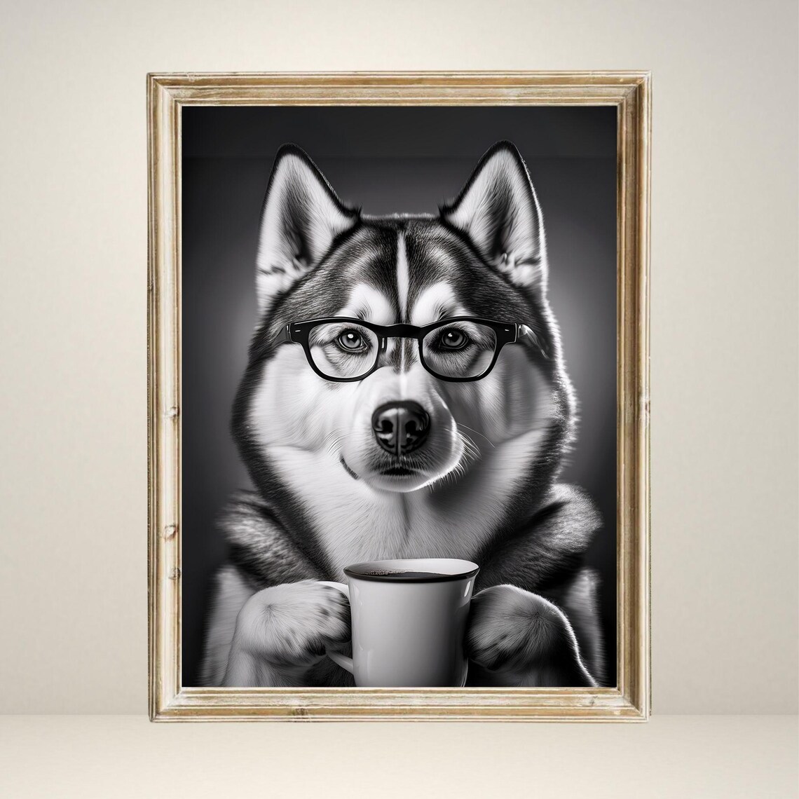 Siberian Husky Drinking Coffee, Funny Dog Art Print